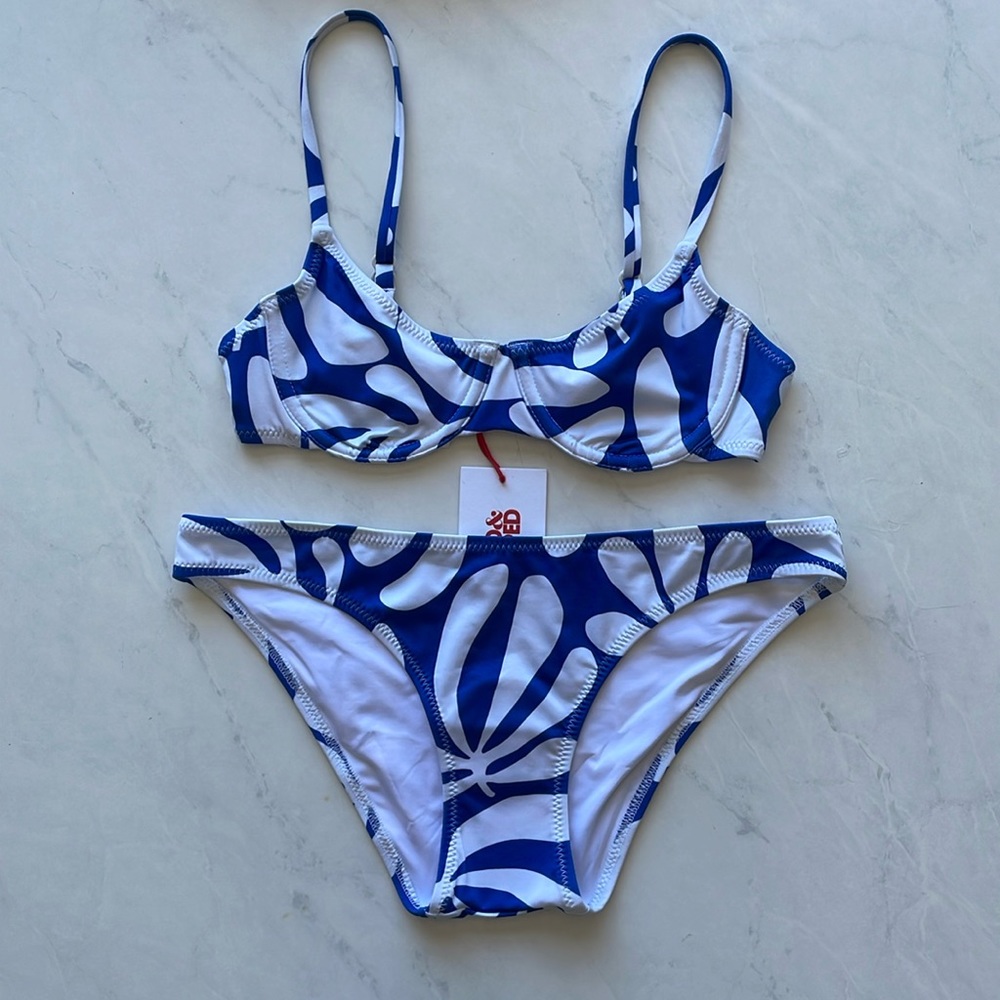 SOLID & STRIPED Blue and White Abstract Print Bikini